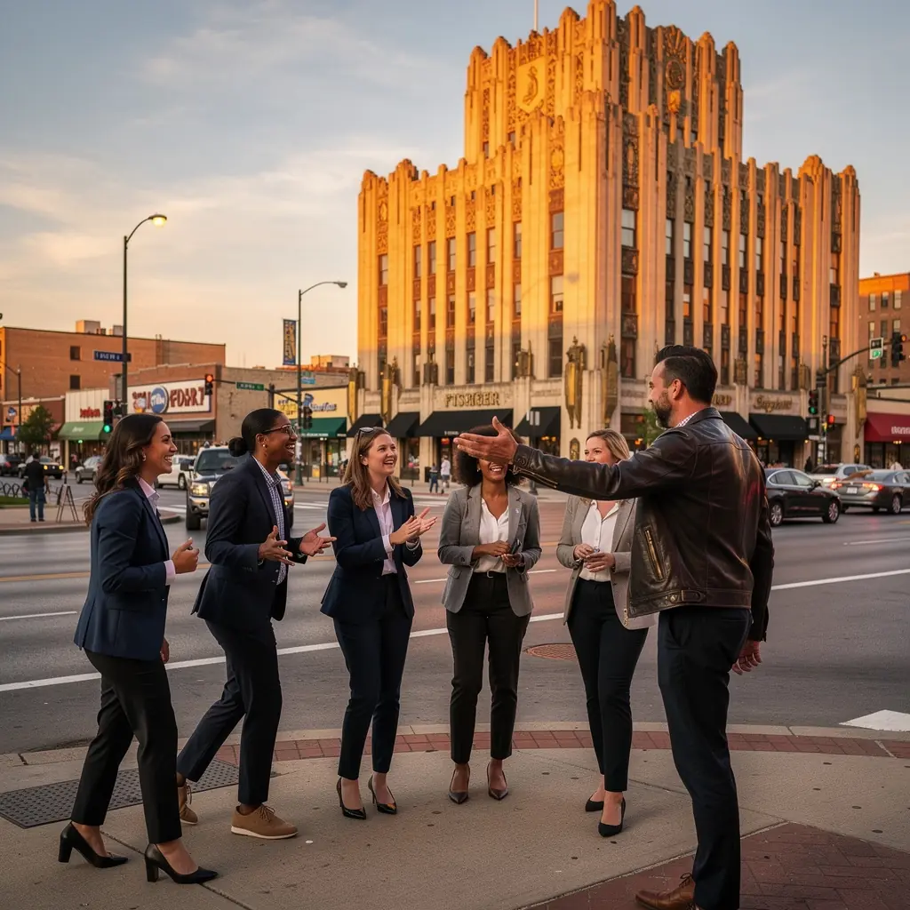 Grupa osób zwiedzających lokalne muzea i galerie sztuki w urokliwej okolicy.