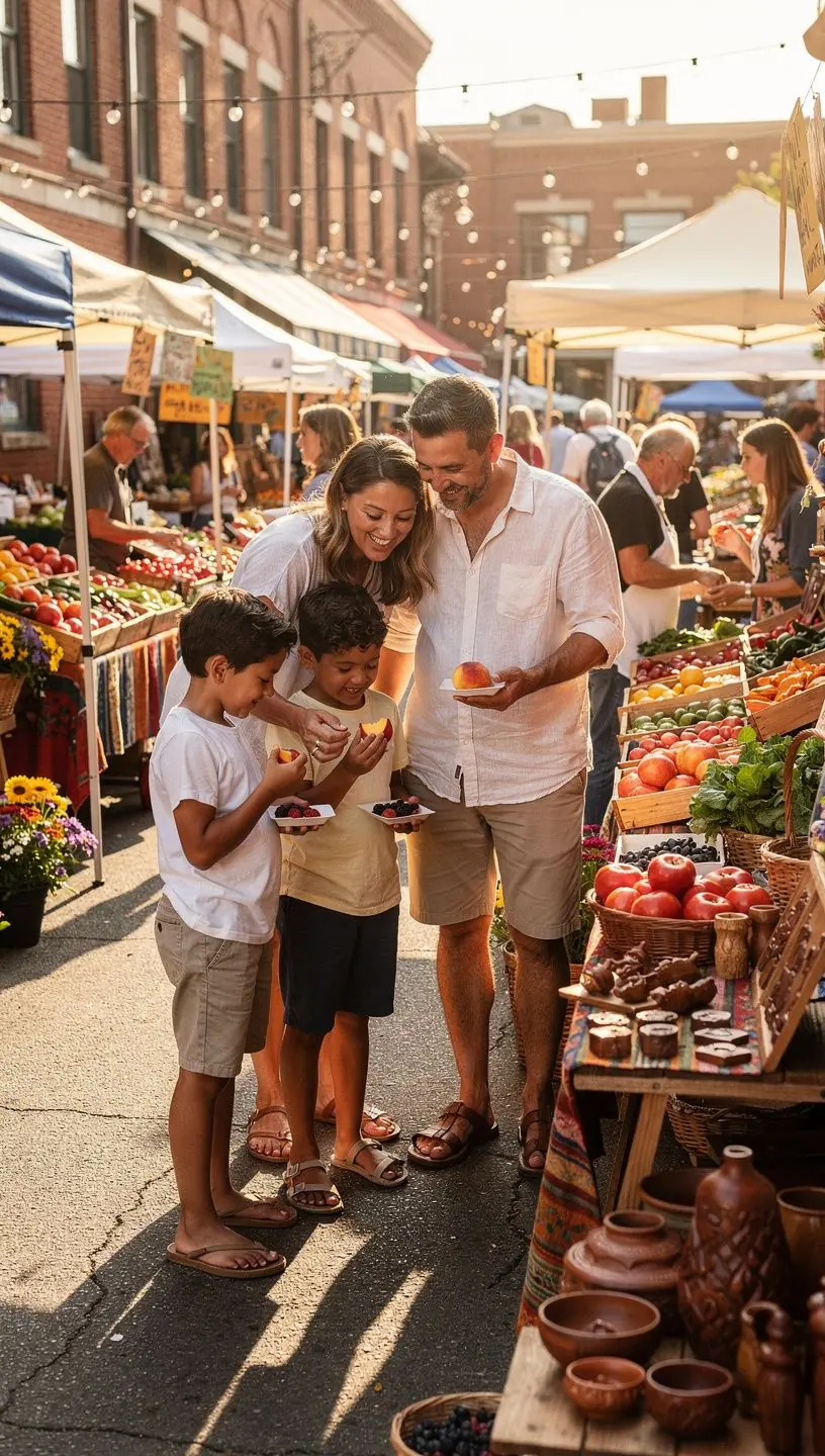 Widok na zabytkową ulicę z charakterystycznymi latarniami, otoczoną sklepami i kawiarniami.