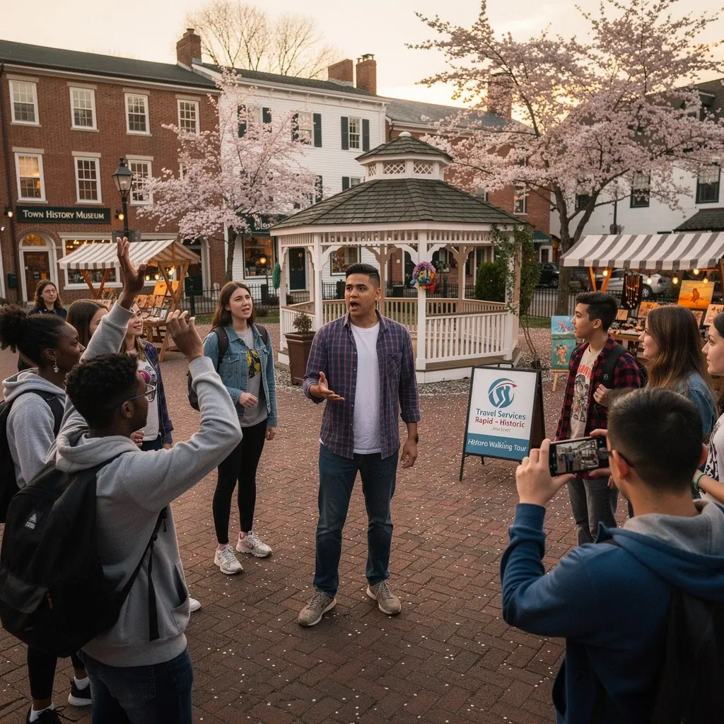 Grupa turystów zwiedzających lokalne atrakcje, podziwiających architekturę.