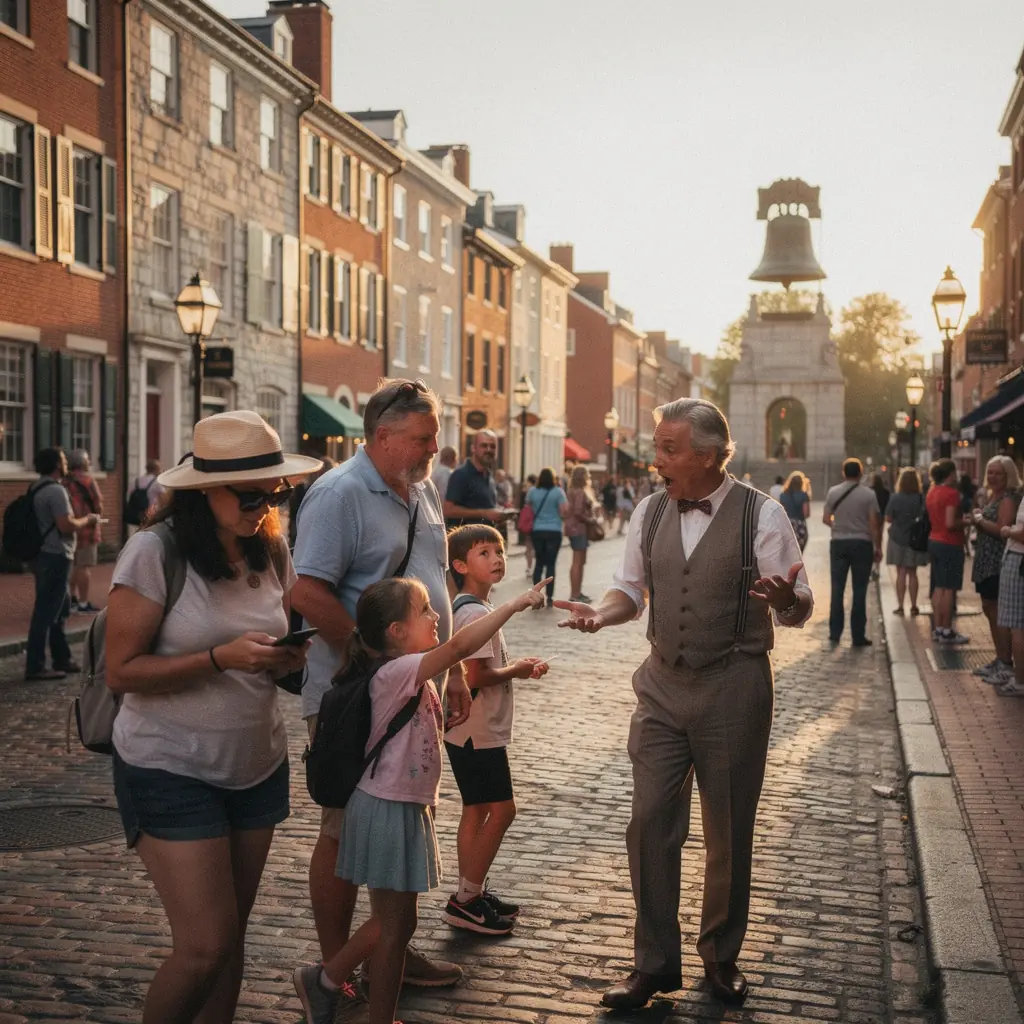 Zabytkowa ulica z pięknymi, historycznymi budynkami i turystami spacerującymi po chodniku.
